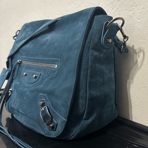 Balenciaga Neo Folk Messenger Bag Teal Suede Studded shoulder strap crossbody - Picture 5 of 15